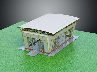 Modern Architectural Structure With White Roof And Metal Frame On Green Grassy Area 3d model