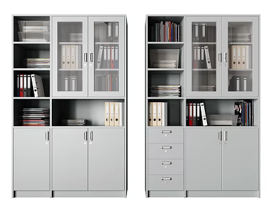Modern Gray Bookcase With Glass Doors Drawers And Book File Storage 3d model