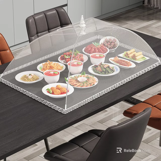 Transparent Food Cover Covering Multiple Plates Of Foods Including Meat Vegetables Soup On Dining Table 3d model 