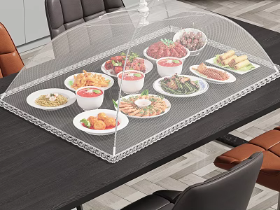 Transparent Food Cover Covering Multiple Plates Of Foods Including Meat Vegetables Soup On Dining Table 3d model