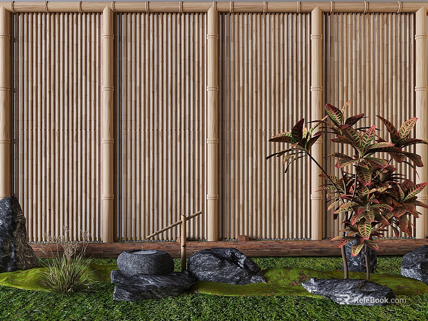 Bamboo Fence With Rocks And Greenery In Garden 3d model 