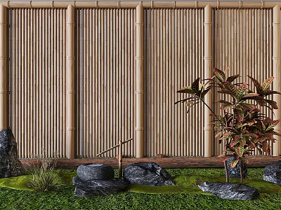 Bamboo Fence With Rocks And Greenery In Garden 3d model