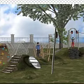 Kindergarten Outdoor Playground With Climbing Frame Slide Grass Lawn And Trees