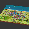 Cartoon City Scene With Green Trees Buildings Roads And Blue Water Area
