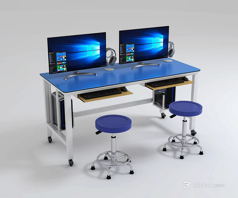 School Computer Lab Workstation With Blue Desk Two Computers Headphones Keyboards And Stools 3d model 