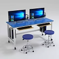 School Computer Lab Workstation With Blue Desk Two Computers Headphones Keyboards And Stools 3d model