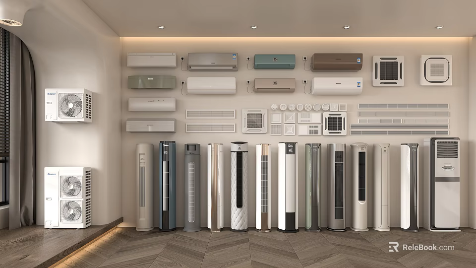 Various Air Conditioners and Fans Displayed with Wall Mounted Floor Standing and Table Types 3d model 