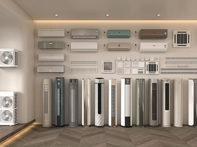 Various Air Conditioners and Fans Displayed with Wall Mounted Floor Standing and Table Types 3d model