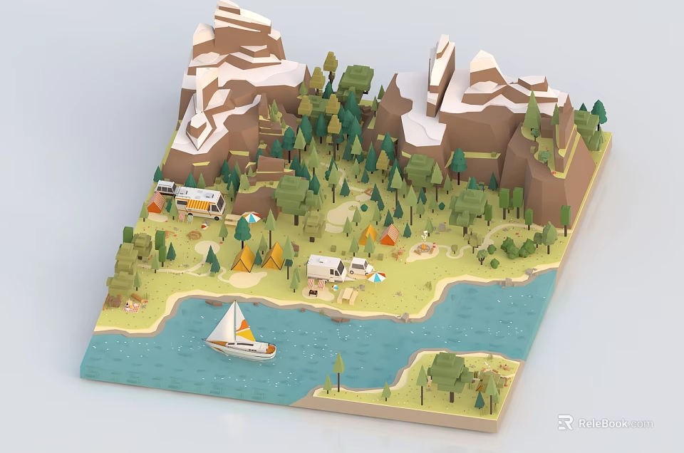 Cartoon Scenery With Snowy Mountains Green Trees Tents Cabin And River Sailboat 3d model 