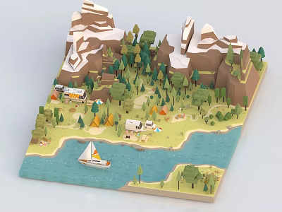 Cartoon Scenery With Snowy Mountains Green Trees Tents Cabin And River Sailboat 3d model