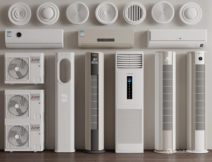Different Styles of Modern Air Conditioners and Fans Including Wall Mounted and Floor Standing Designs 3d model 