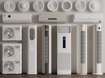 Different Styles of Modern Air Conditioners and Fans Including Wall Mounted and Floor Standing Designs 3d model