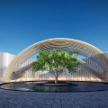Modern Landscape Sculpture With Arched Vertical Striped Design Against Blue Sky And Paved Ground