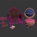 Vintage Brown Armchair Small Round Coffee Table And Pink Ottoman With Decorative Globe And Books