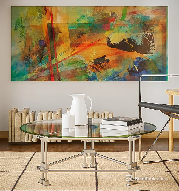 Glass Coffee Table With Metal Legs Books White Pitcher And Colorful Abstract Painting In Living Room 3d model 