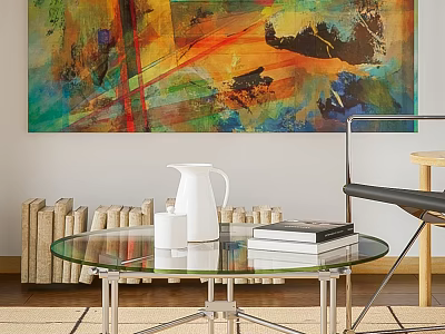 Glass Coffee Table With Metal Legs Books White Pitcher And Colorful Abstract Painting In Living Room 3d model