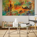 Glass Coffee Table With Metal Legs Books White Pitcher And Colorful Abstract Painting In Living Room