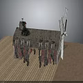 Vintage Windmill Cottage Model With Detailed Roof And Wooden Structure