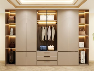Modern Wardrobe Design With Built in Lighting Hanging Clothes And Storage Drawers 3d model