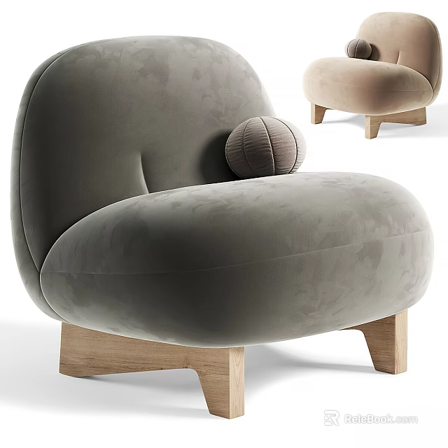 Modern Single Sofa With Curved Design Cozy Fabric Wooden Legs And Small Round Pillow 3d model 