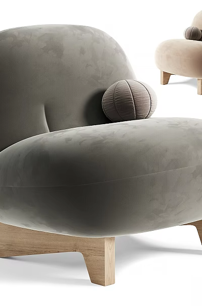 Modern Single Sofa With Curved Design Cozy Fabric Wooden Legs And Small Round Pillow 3d model