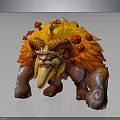 Fantasy Character And Mythical Creature With Orange Flame Fur Horns Beard And Red Mushroom Decorations