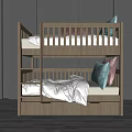 Wooden Bunk Bed With Upper Lower Mattresses Pillows And Storage Shelves