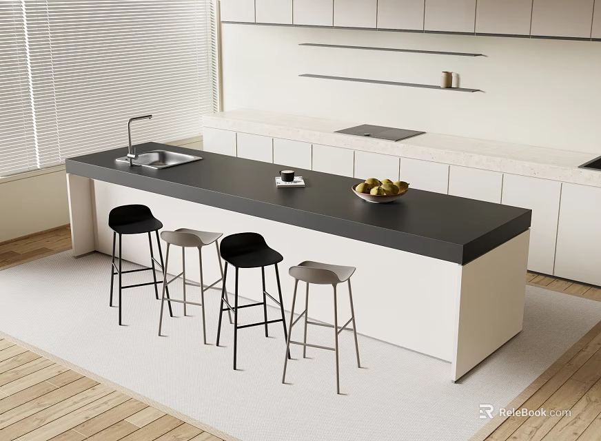 Modern Kitchen Interior With Bar Counter Sink Coffee Cups Fruit Bowl And Stools 3d model 