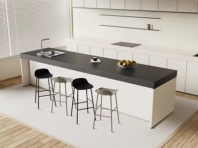 Modern Kitchen Interior With Bar Counter Sink Coffee Cups Fruit Bowl And Stools 3d model