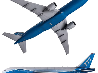 777 Commercial Airliner in Blue and White with Wings Engines and Tail Design 3d model