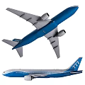 777 Commercial Airliner in Blue and White with Wings Engines and Tail Design