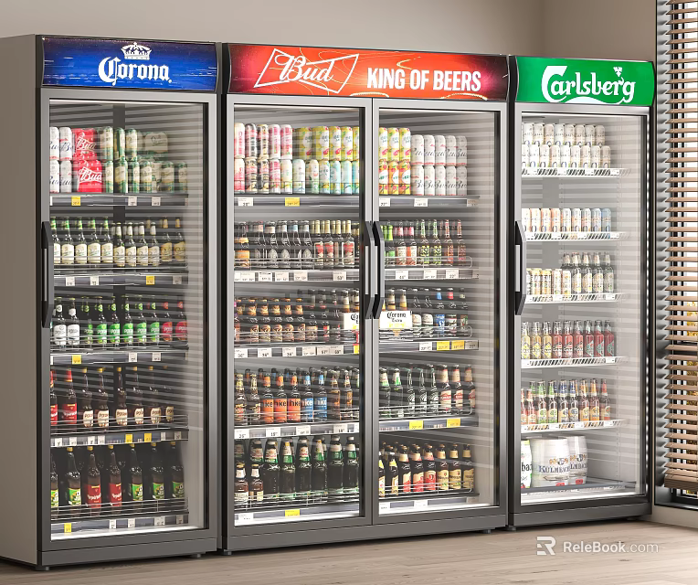 Upright Glass Door Refrigerators Stocked With Various Beer Brands Including Corona And Carlsberg 3d model 