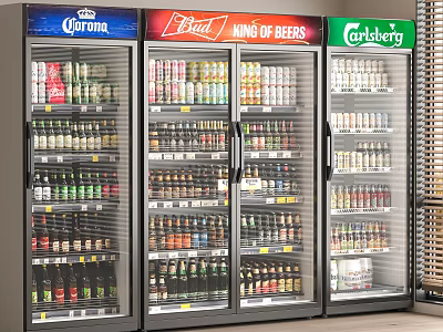 Upright Glass Door Refrigerators Stocked With Various Beer Brands Including Corona And Carlsberg 3d model