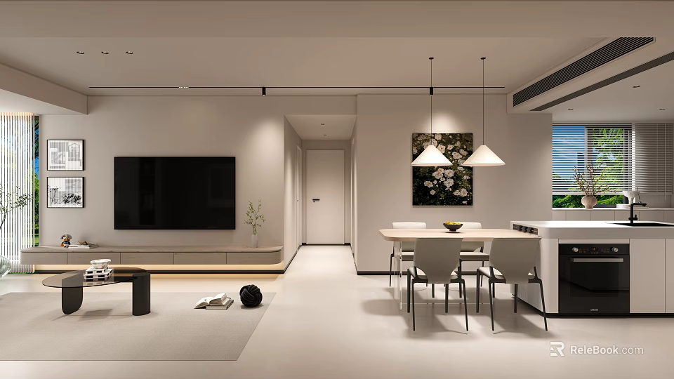 Modern Living and Dining Room Interior With TV Dining Table Chairs and Hanging Lights 3d model 