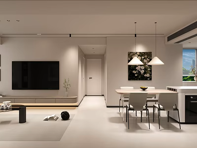 Modern Living and Dining Room Interior With TV Dining Table Chairs and Hanging Lights 3d model