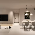 Modern Living and Dining Room Interior With TV Dining Table Chairs and Hanging Lights