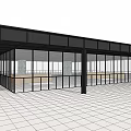 Modern Exhibition Hall Interior Design With Grid Ceiling Glass Windows Wooden Walls And Staircase