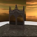 Traditional Wooden Cabinet With Intricate Carved Details And Arched Glass Doors