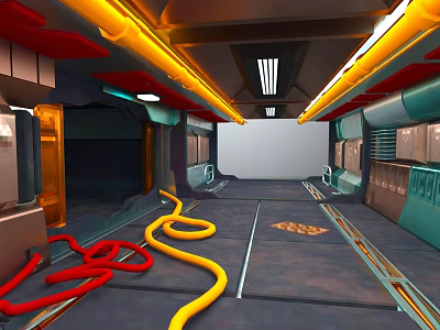 Sci Fi Building Interior With Metallic Walls Yellow Strip Lights Colored Hoses And Floor Tracks 3d model