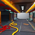 Sci Fi Building Interior With Metallic Walls Yellow Strip Lights Colored Hoses And Floor Tracks