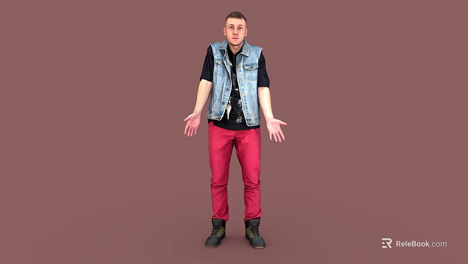 Man In Denim Vest Black Shirt And Red Pants With Open Hands On Brown Background 3d model 