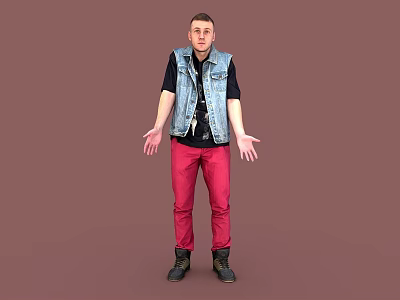 Man In Denim Vest Black Shirt And Red Pants With Open Hands On Brown Background 3d model