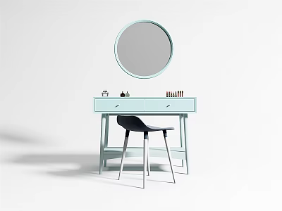 Modern Light Blue Dressing Table With Round Mirror Drawers And Black Chair 3d model