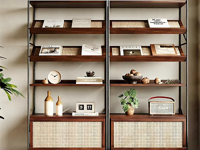 Modern Wooden Bookshelf Featuring Multiple Shelves Books Magazines Plants and Rattan Drawers 3d model