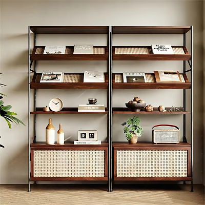 Modern Wooden Bookshelf Featuring Multiple Shelves Books Magazines Plants and Rattan Drawers 3d model