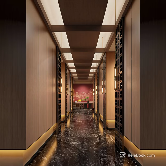 Traditional Chinese Hotel Corridor With Lattice Doors Wooden Walls Marble Floor And Ceiling Lights 3d model 