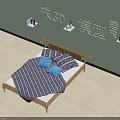 Double Bed 3D Model with Wooden Frame Blue Pillows Striped Quilt and Light Green Wall