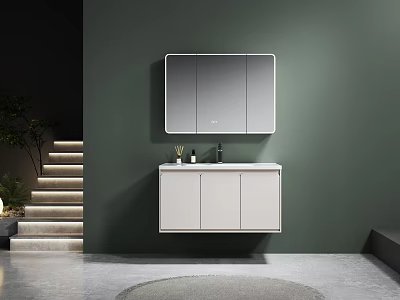Modern Hotel Bathroom Interior With Green Wall And White Mirrored Cabinet 3d model