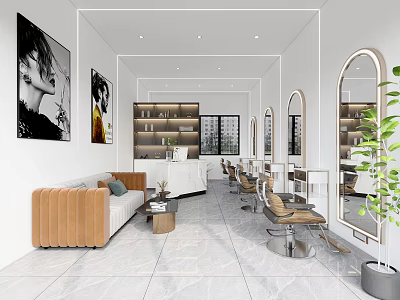 Modern Beauty Hair Salon Interior With Styling Chairs Mirrors Sofa Decorative Art And Green Plants 3d model