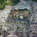 Grotto Garden Landscape With Buddha Statues Rocky Mountain Green Trees And Stone Steps